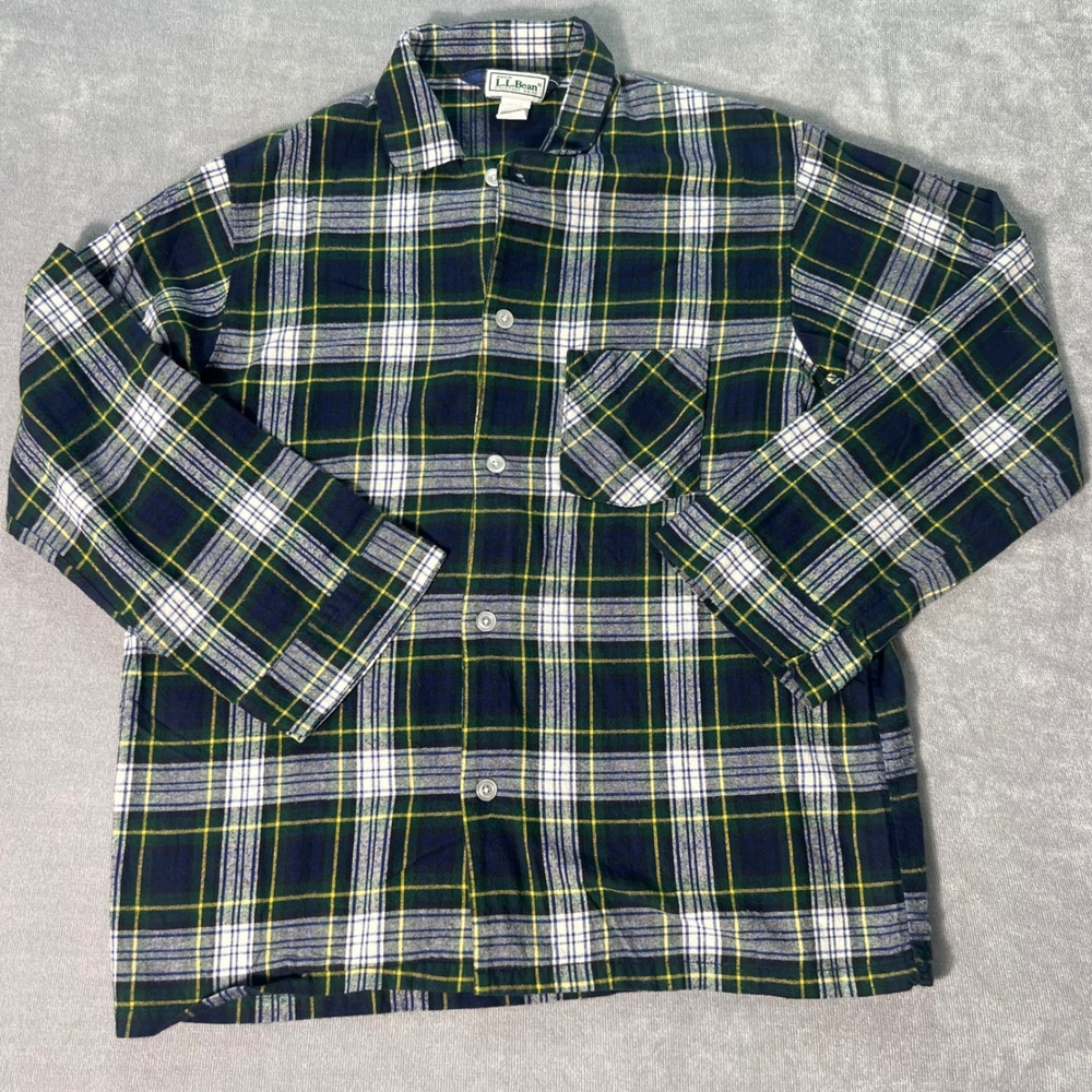 Vintage LL Bean Flannel Pajama Top Mens Large Green Plaid Cotton Made in USA